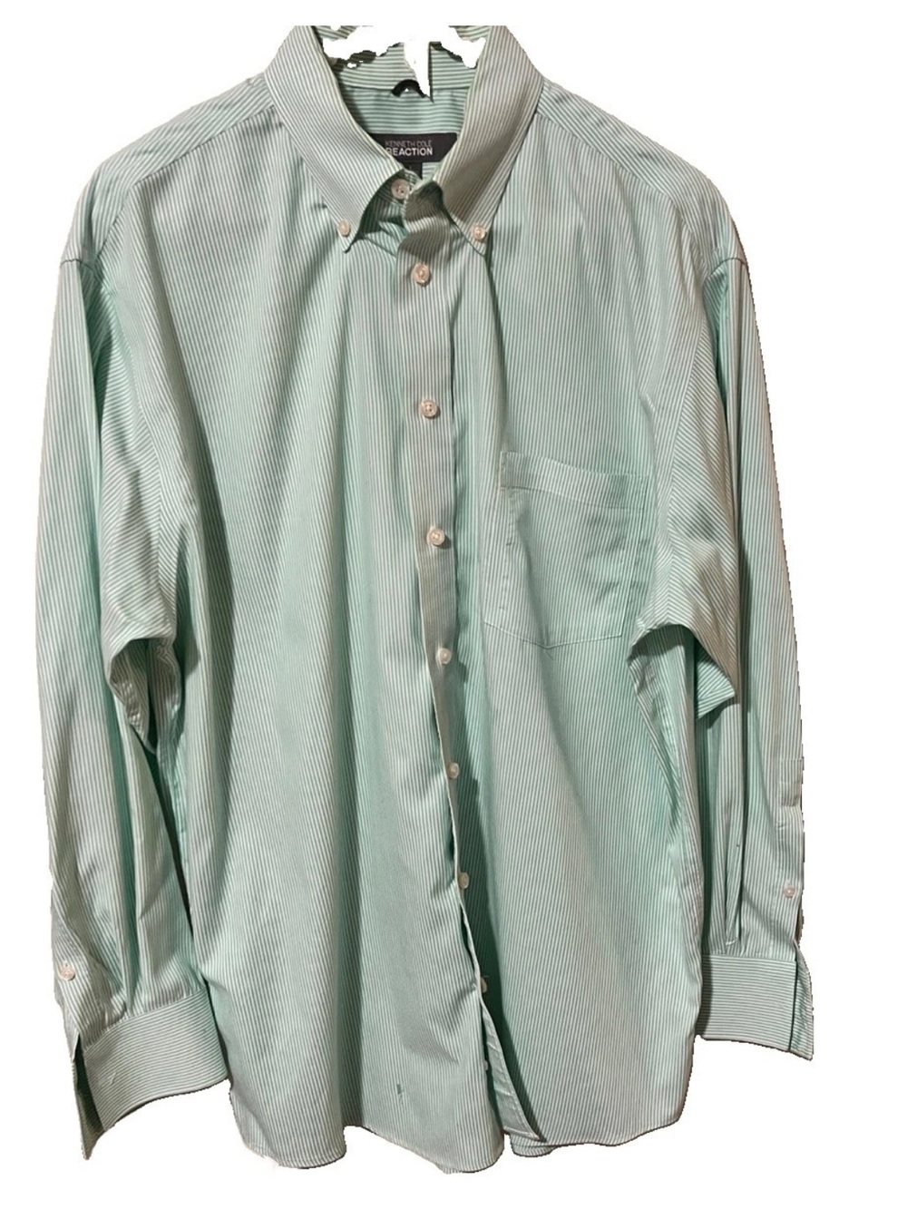 Kenneth Cole Reaction Button Up Shirt Dress L Mint Green Spring Striped Chest 46